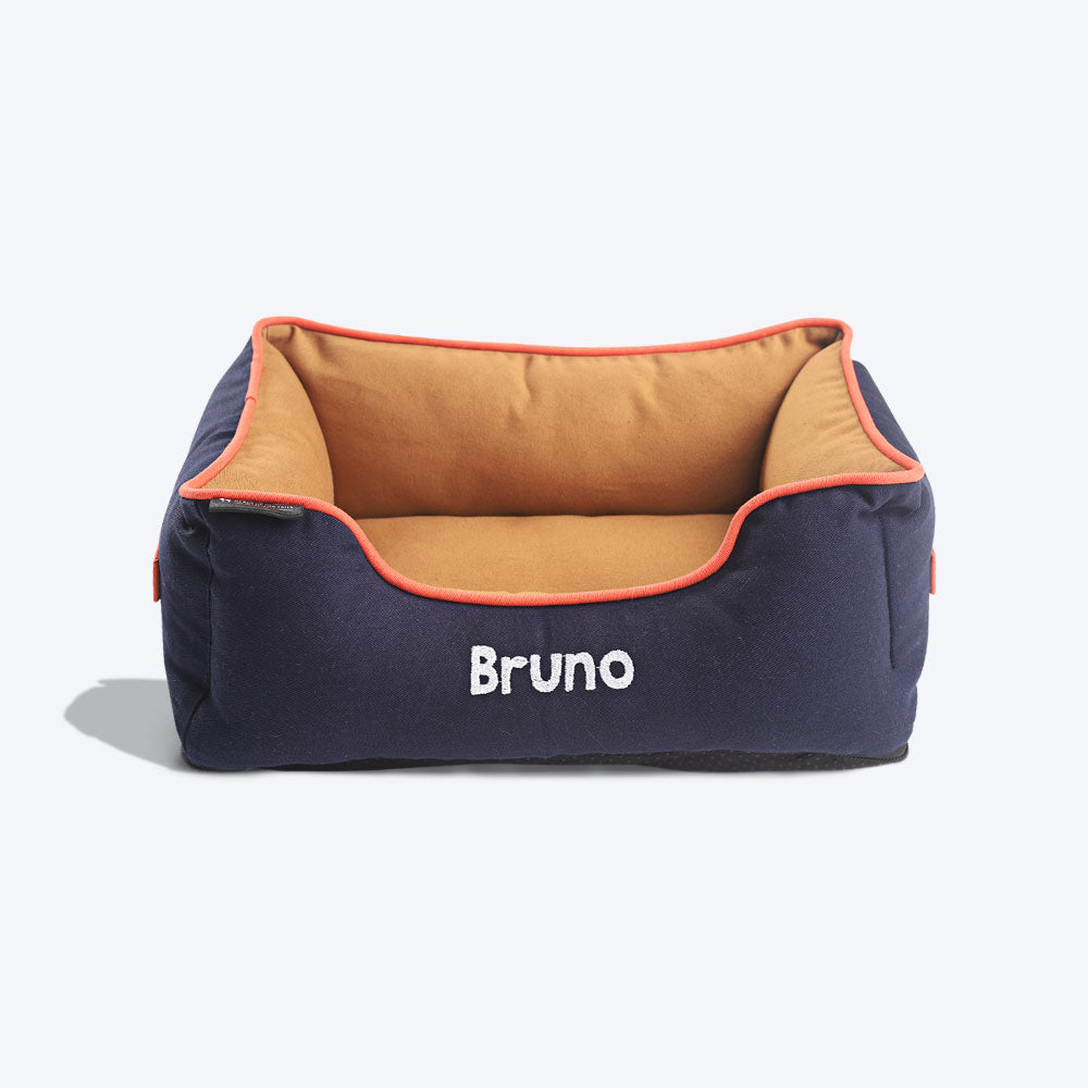 HUFT Personalised Lounger Dog Bed (Free Bone Cushion) - Navy With Brown_02