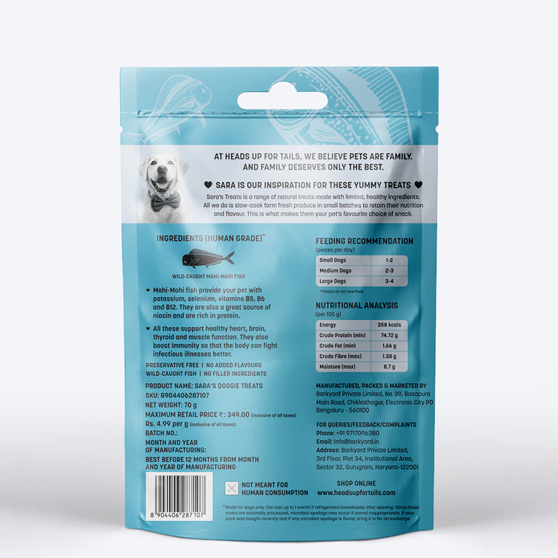 Sara's Doggie Treats Mahi Mahi Fish Jerky, 70 g, high protein, low fat, all-natural ingredients, suitable for dogs.