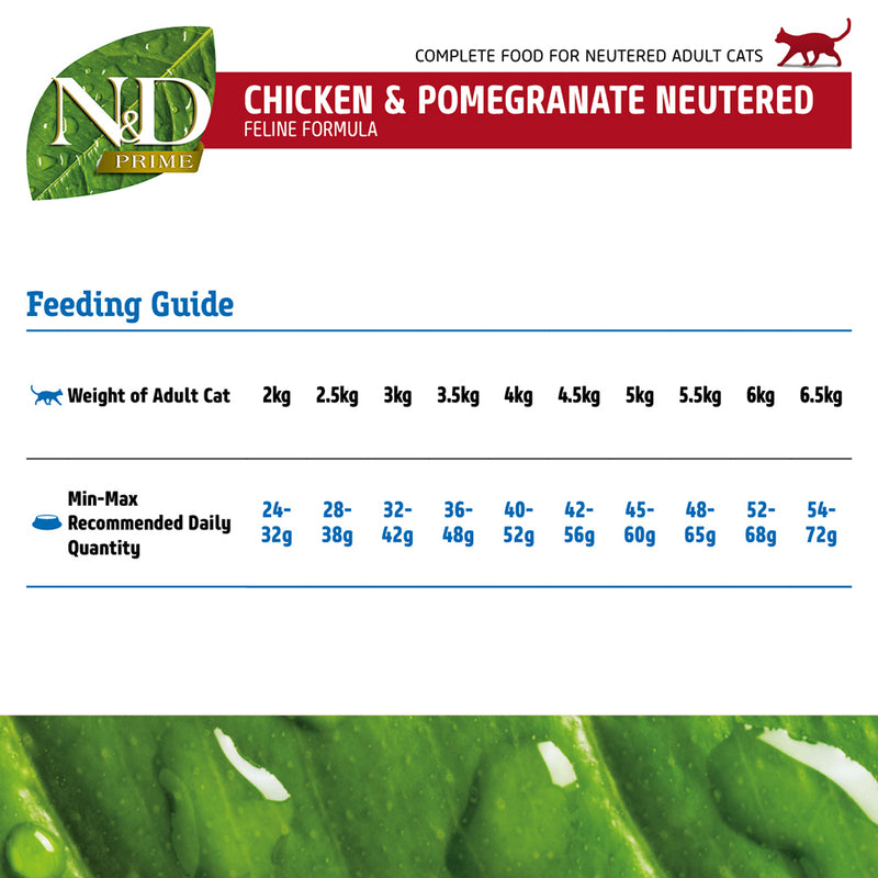Farmina N&D Prime Chicken & Pomegranate Neutered Adult Grain Free Dry Cat Food - Heads Up For Tails