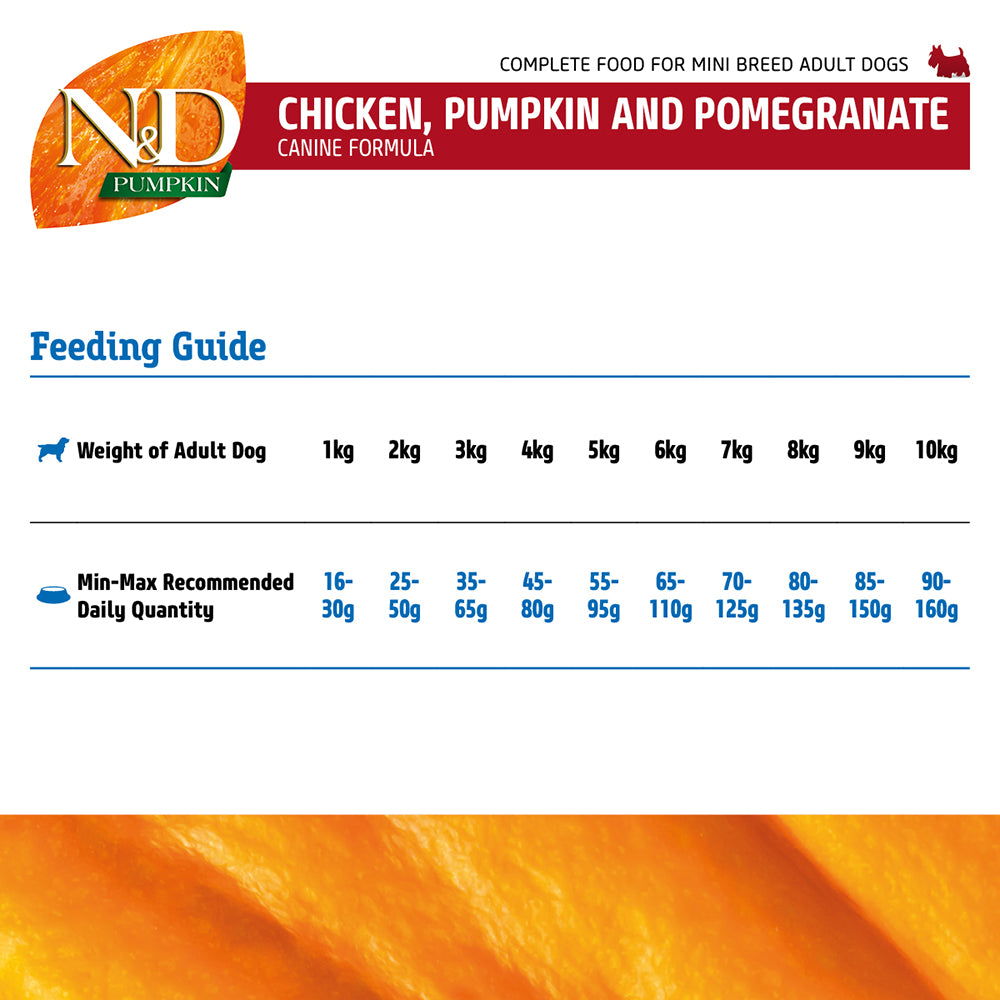 Farmina N&D Pumpkin Chicken & Pomegranate Grain Free Mini Breed Adult Dry Dog Food - Heads Up For Tails