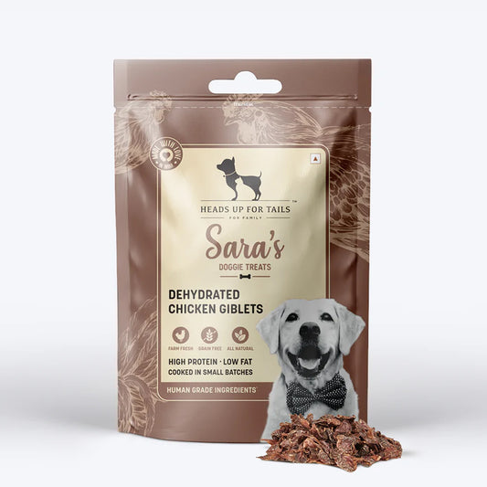 Sara's Doggie Treats Dehydrated Chicken Giblets, 70 g, high protein, low fat, all-natural dog treats in a resealable bag.