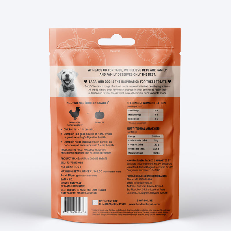 Sara's Doggie Treats Chicken Jerky with Pumpkin, 70 g, featuring a dog on the packaging and pieces of jerky and pumpkin.
