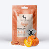Sara's Doggie Treats Chicken Jerky with Pumpkin, 70 g, featuring a dog on the packaging and pieces of jerky and pumpkin.