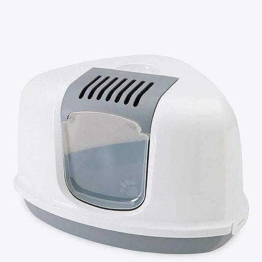Savic Nestor Corner Cat Toilet - White/Grey - 22.6 x 17.9 x 16.0 inch - Heads Up For Tails