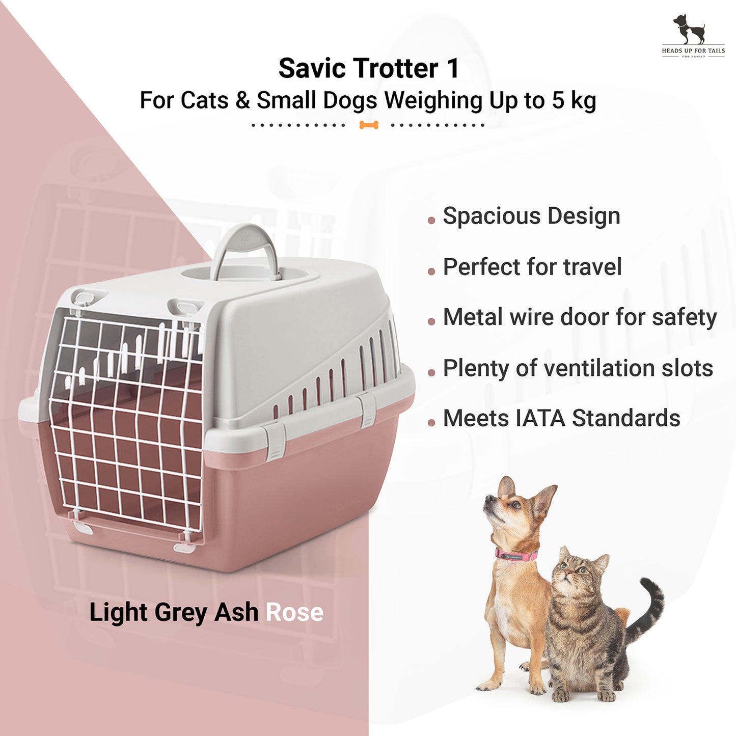 Savic Trotter 1 - Dog & Cat Carrier - Light Grey Ash Rose - 19 x 13 x 12 inch - Holds up to 5 kg - Heads Up For Tails