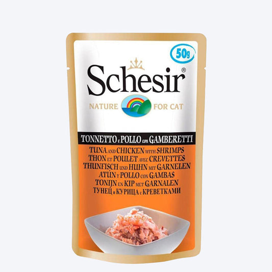 Schesir 34% Tuna & Chicken with Shrimps Wet Cat Food Pouch - 50 g - Heads Up For Tails
