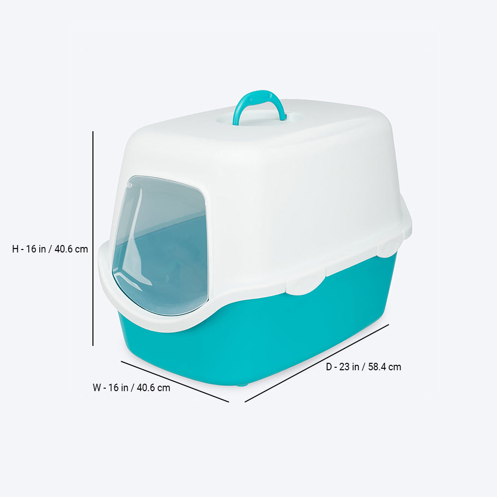 Trixie Vico Cat Litter Tray with Hood - Turquoise/White - 23 x 16 x 16 inch - Heads Up For Tails