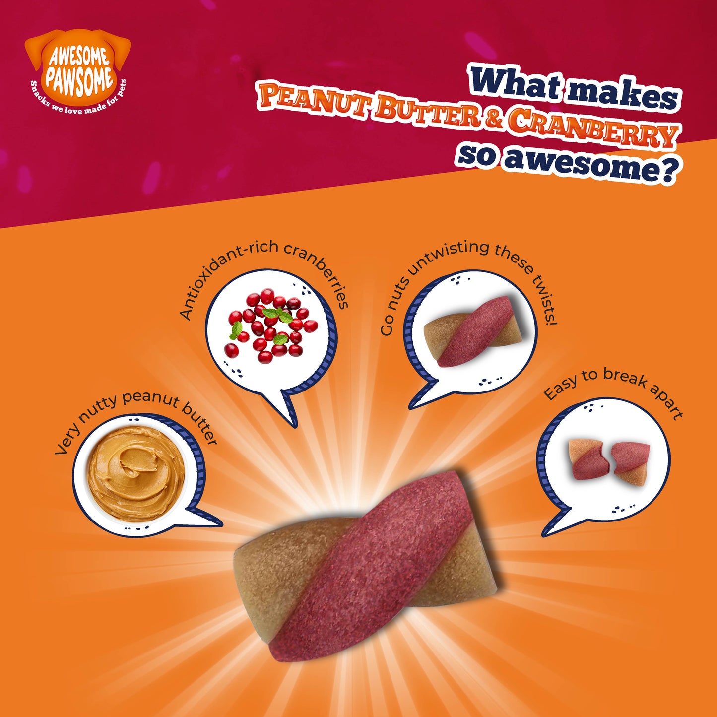 Awesome Pawsome Peanut Butter & Cranberry Dog Treat - 85 g - Heads Up For Tails