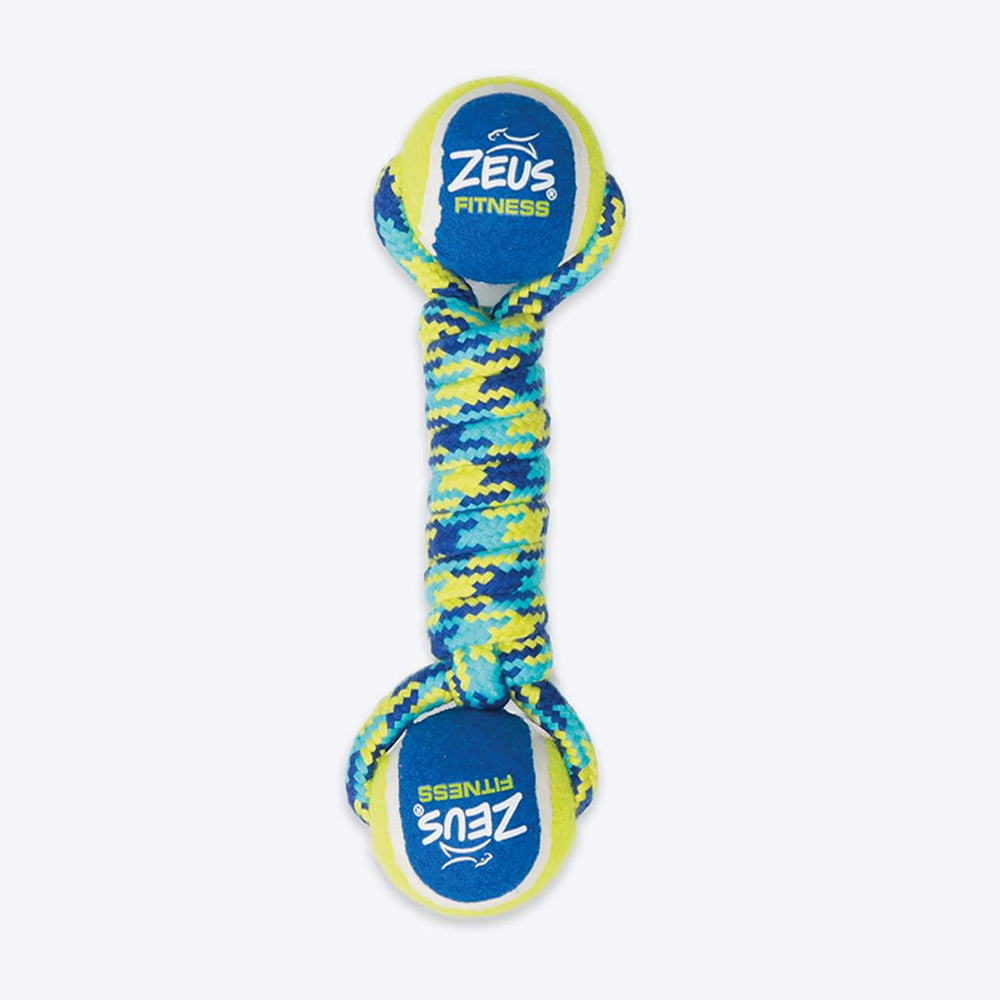 Zeus Fitness Double Tennis Ball Rope Dumbbell Fetch Dog Toy - Geen & Blue