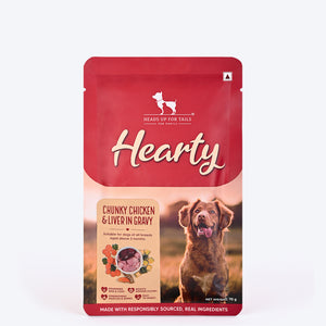 Hearty Chunky Chicken & Liver in Gravy dog wet food by Heads Up for Tails, 70 g, suitable for dogs over 3 months.