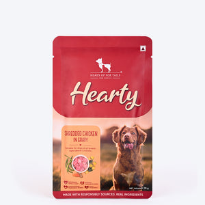 Hearty Shredded Chicken & Pumpkin in Gravy dog wet food by Heads Up for Tails, 70 g pouch. Suitable for all breeds.