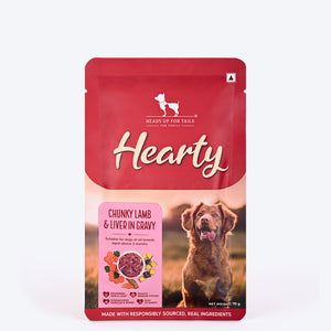 Hearty Chunky Lamb & Liver in Gravy dog food by Heads Up for Tails, 70 g, suitable for dogs over 3 months.