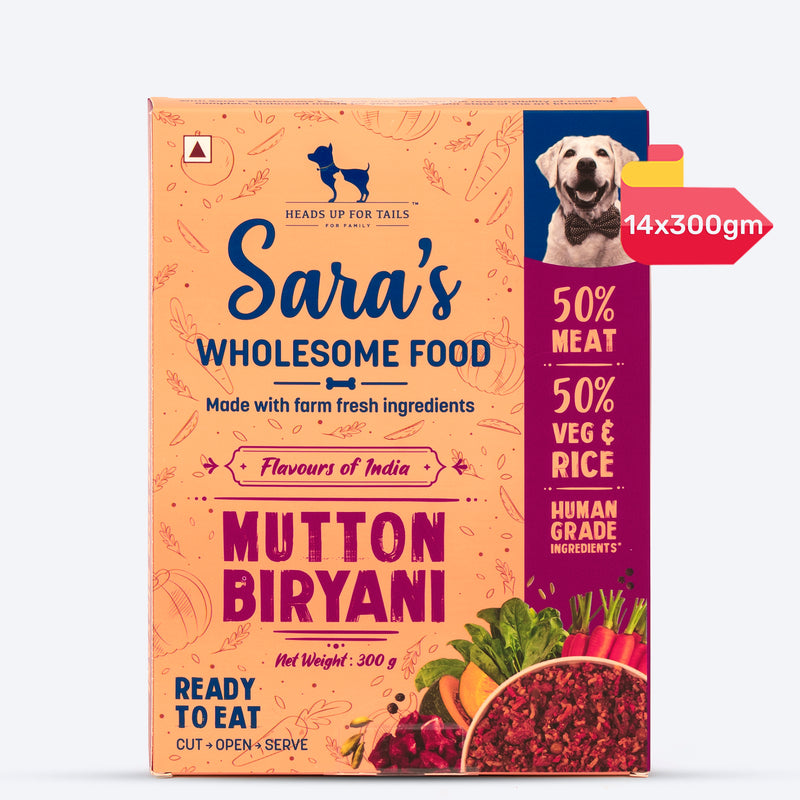 Sara's Wholesome Food Mutton Biryani, Flavours of India, 300 g, made with 50% meat and 50% vegetables and rice.