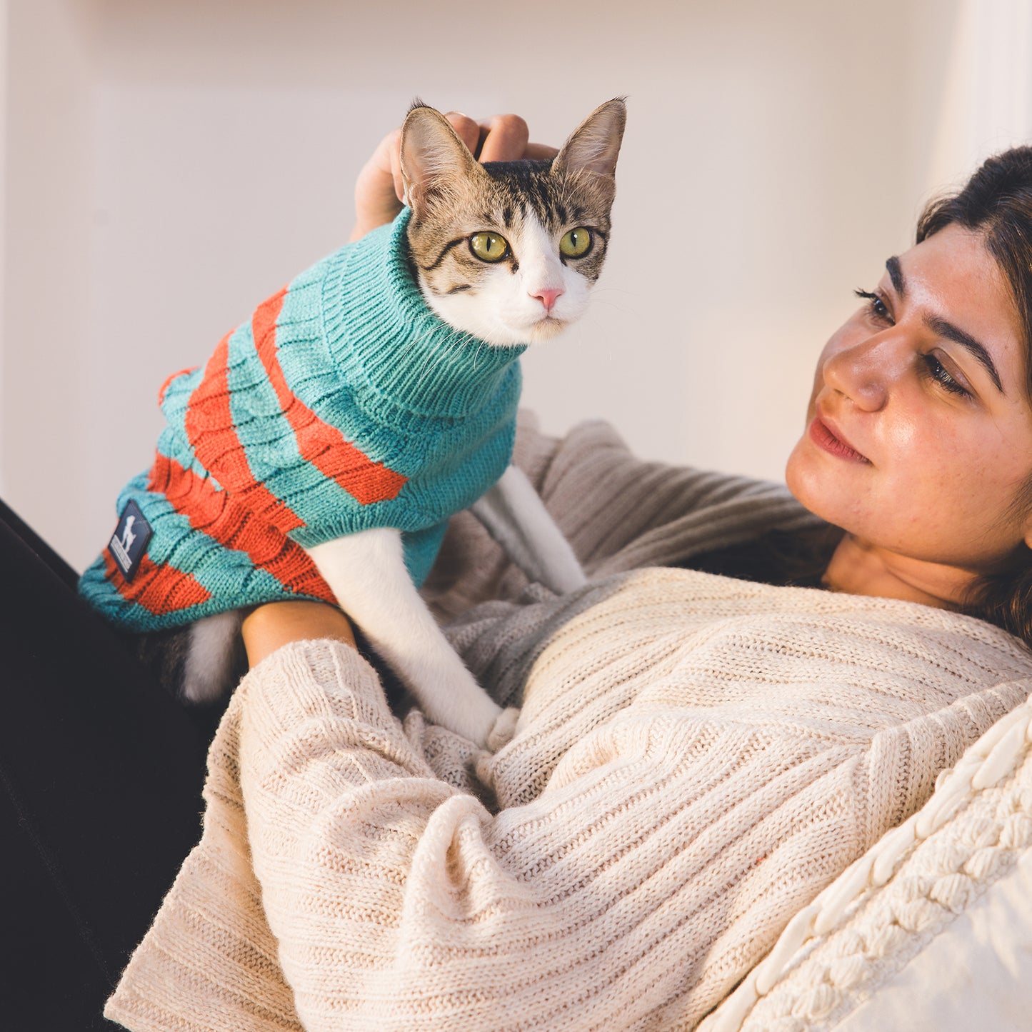 HUFT Snug Stripes Sweater For Cat - Turquoise & Orange