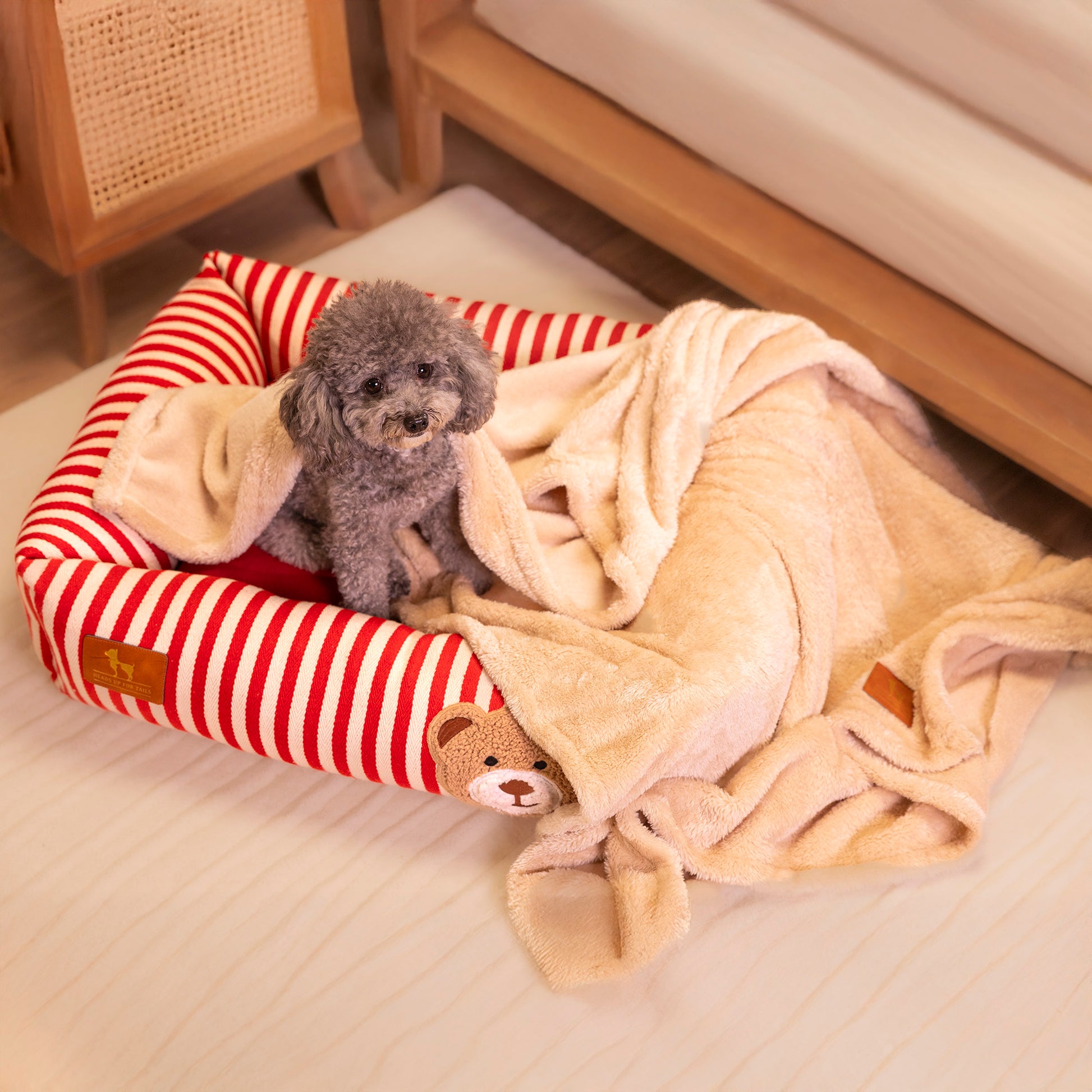 HUFT Bear Stripes Lounger Bed For Dog - Red & Ivory - Heads Up For Tails