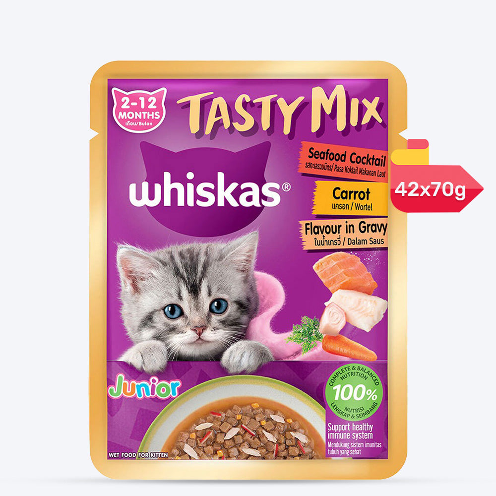 Whiskas Tasty Mix Seafood Cocktail With Carrot In Gravy Wet Food For Junior (2-12 Months) Kitten- 70 gm Pack - Heads Up For Tails