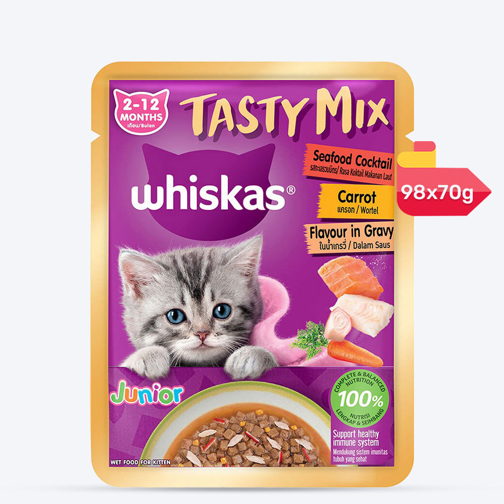 Whiskas Tasty Mix Seafood Cocktail With Carrot In Gravy Wet Food For Junior (2-12 Months) Kitten- 70 gm Pack - Heads Up For Tails