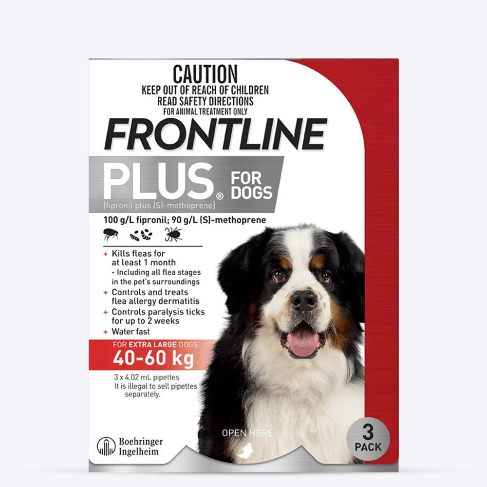 Frontline Plus Spot On Tick & Flea Solution For Dogs - Extra Large Breed (Over 40 Upto 60 kg) - Heads Up For Tails