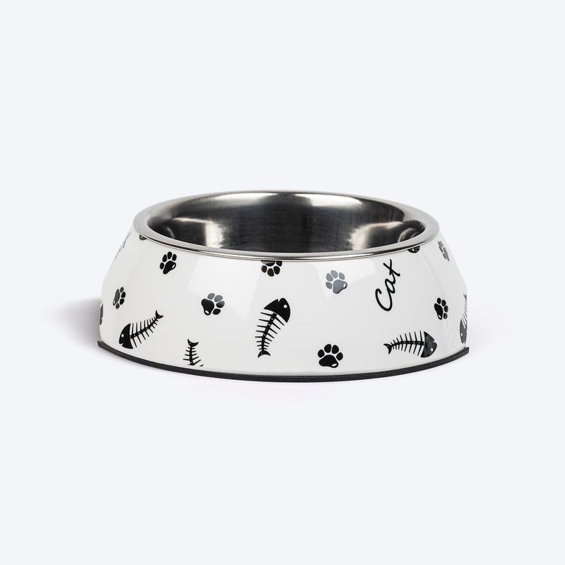 HUFT Fishy Paws Printed Melamine Bowl With Steel Insert For Cat - White - Heads Up For Tails