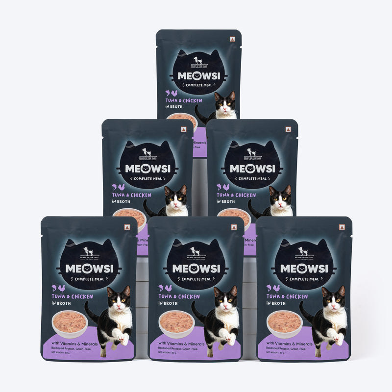 Meowsi by HUFT Tuna & Chicken in Broth Cat Wet Food, 80 gm, with vitamins and minerals, grain-free formula.