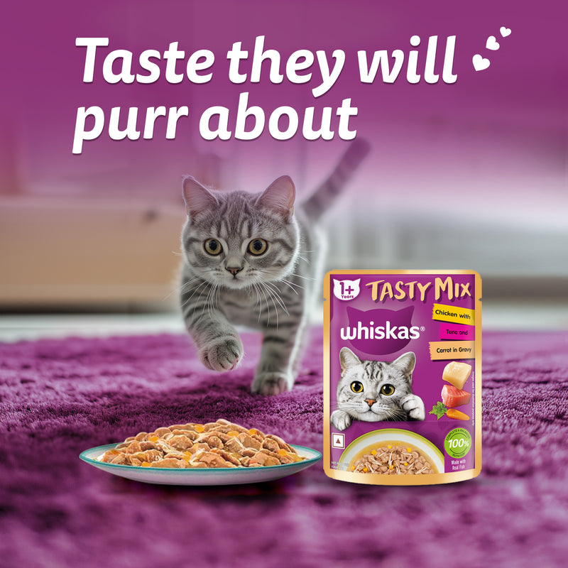 Whiskas Tasty Mix Adult (1+ year) Chicken With Tuna & Carrot in Gravy Wet Cat Food - 70 gm Pack - Heads Up For Tails