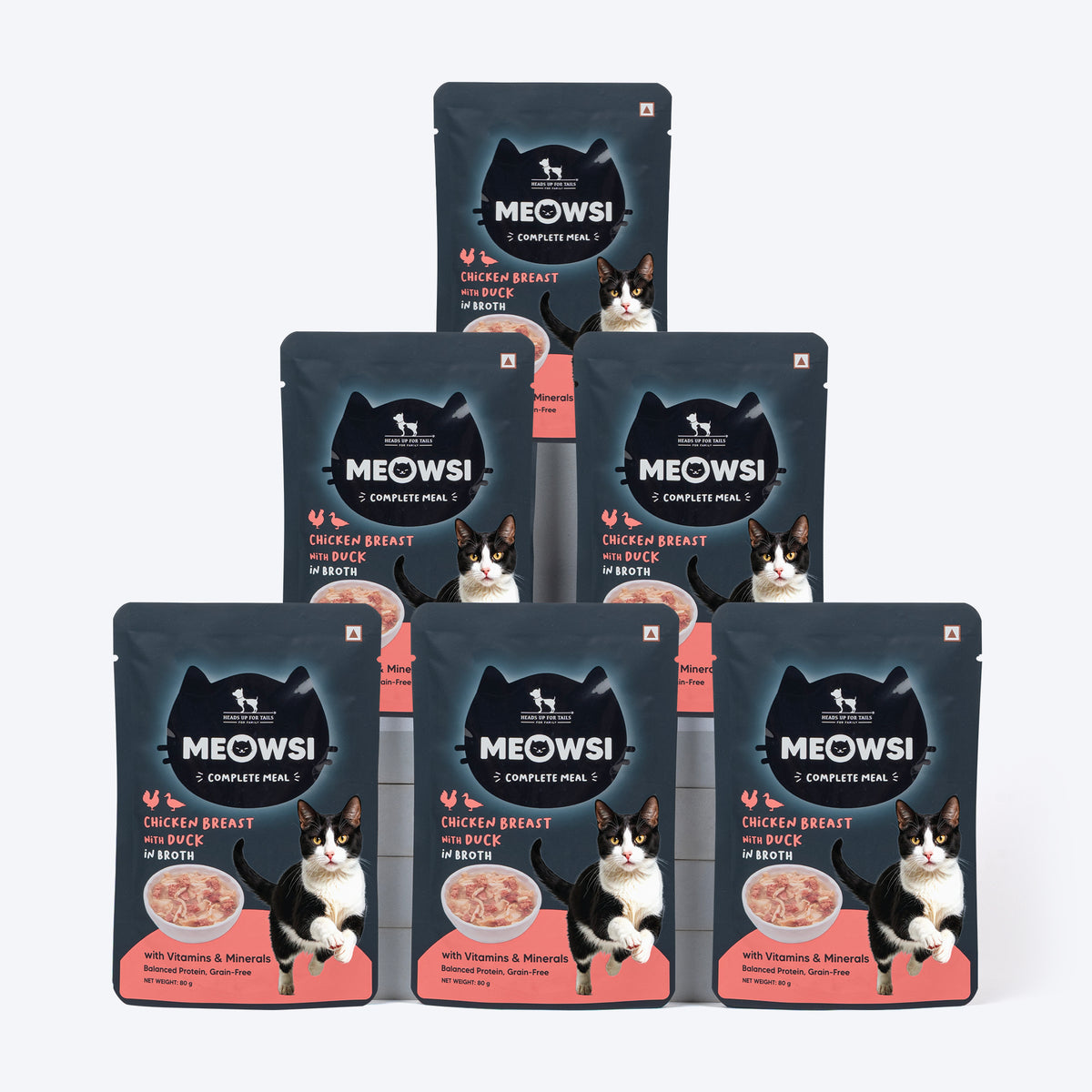 Meowsi by HUFT Chicken Breast with Duck in Broth Cat Wet Food, 80 gm, complete meal with vitamins and minerals.