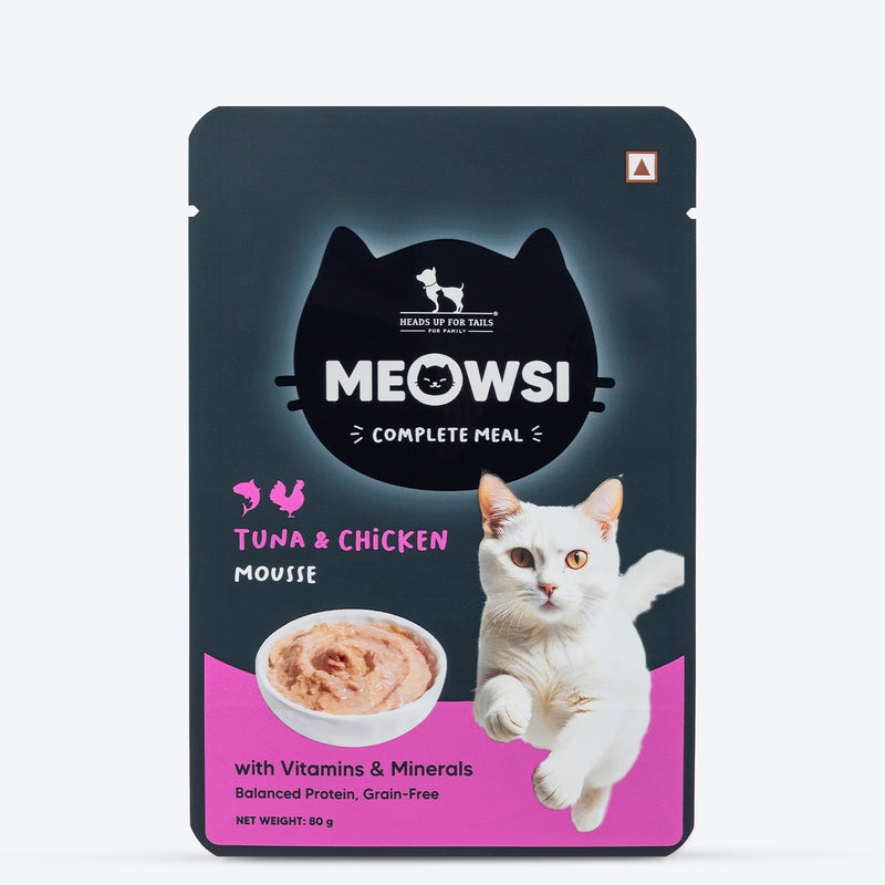Meowsi Tuna & Chicken in Mousse Cat Wet Food, 80 gm, features a cat graphic and a bowl of mousse on the packaging.