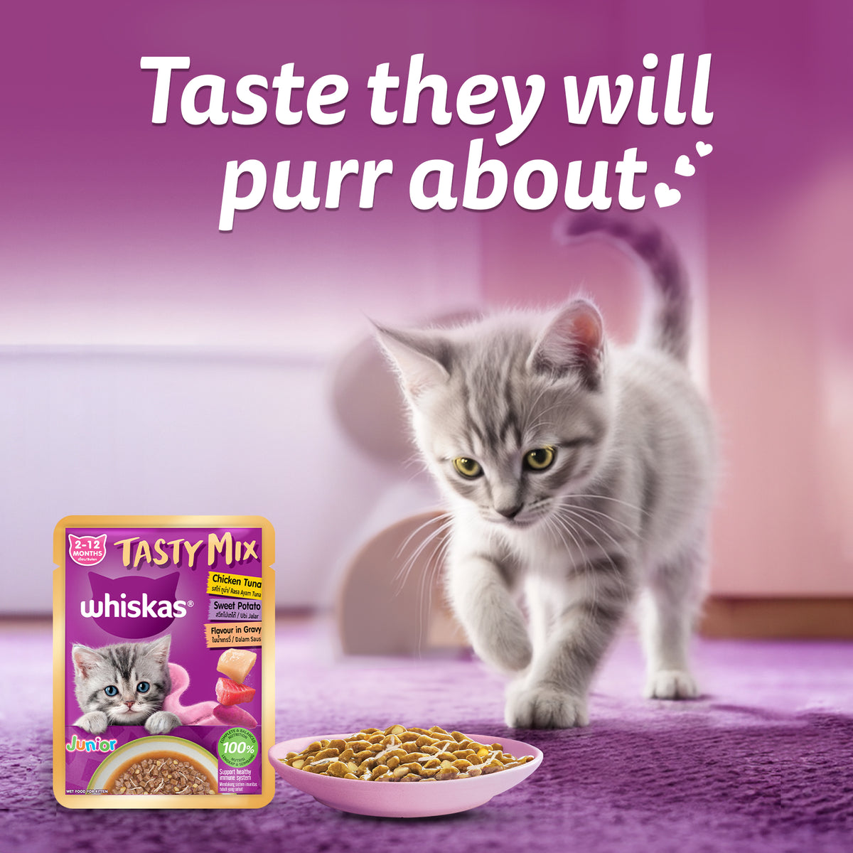 Whiskas Tasty Mix Chicken Tuna With Sweet Potato In Gravy Wet Food For Junior (2-12 Months) Kitten - 70 gm Pack - Heads Up For Tails