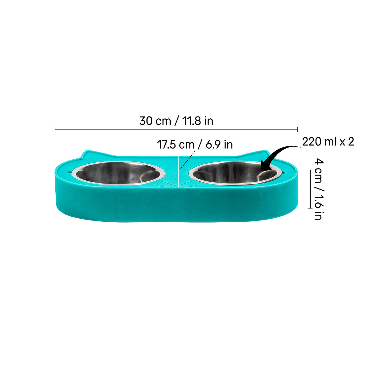 HUFT Cat Face Double Diner With Steel Inserts For Cat & Kitten - Teal