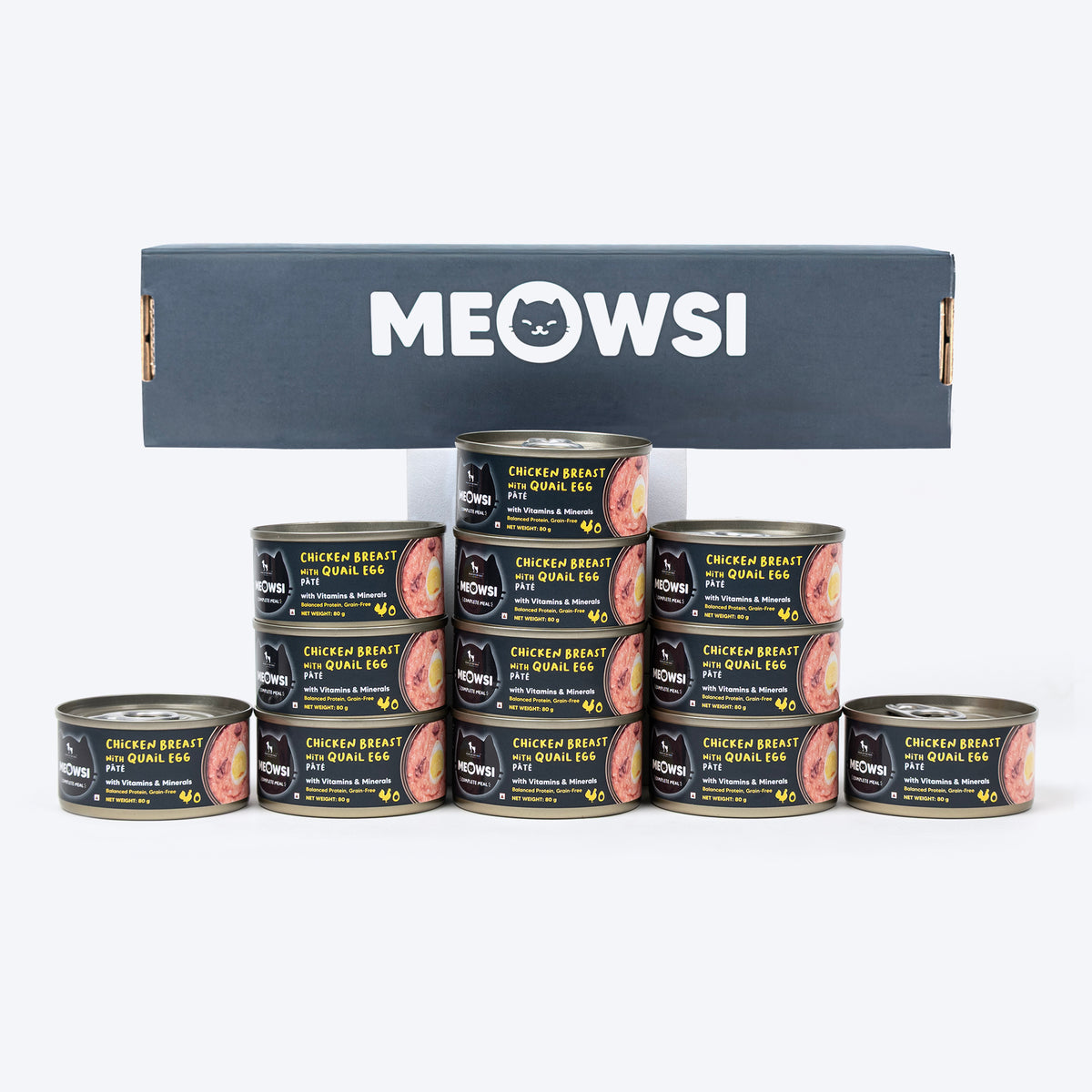 Meowsi by HUFT Chicken Breast with Quail Egg pâté, 80 gm can, grain-free, with vitamins and minerals for cats.