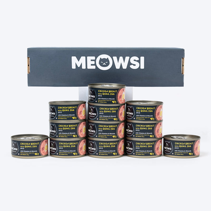 Meowsi by HUFT Chicken Breast with Quail Egg pâté, 80 gm can, grain-free, with vitamins and minerals for cats.