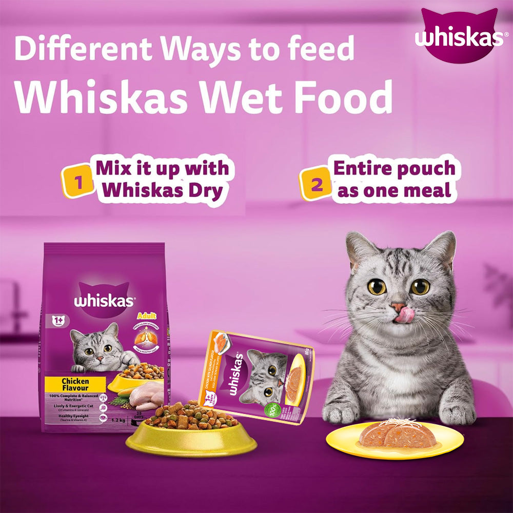 Whiskas Chicken with Salmon in Jelly Flavour (1+ Years) Adult Cat Wet Food - 80 gm Pack