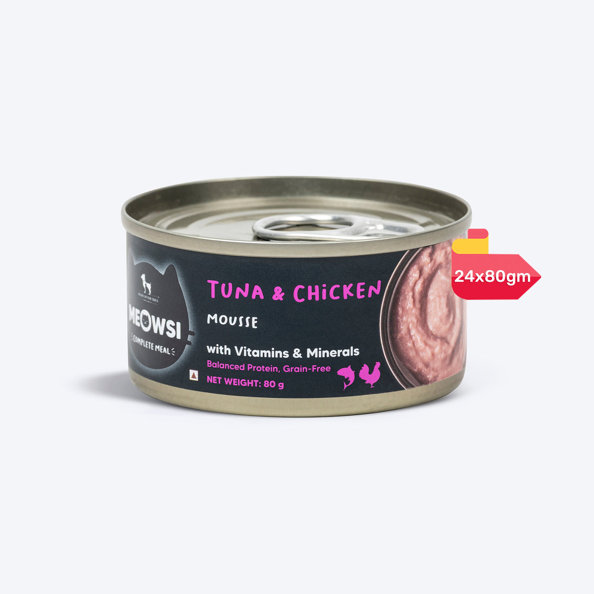 Meowsi by HUFT Tuna & Chicken in Mousse Canned Cat Wet Food, 80 gm, with vitamins and minerals, grain-free.