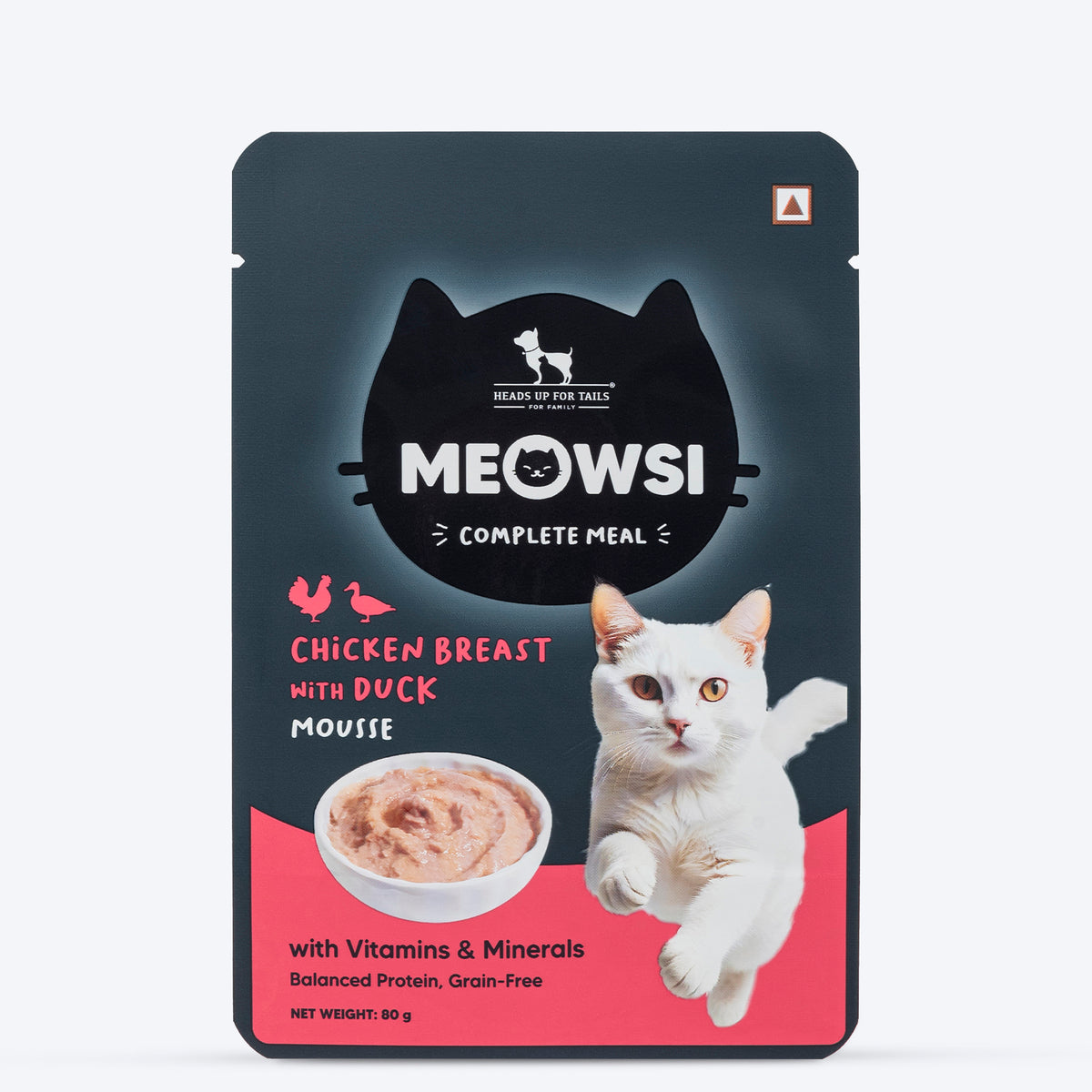 Meowsi by HUFT Chicken Breast with Duck Mousse Cat Wet Food, 80 gm, grain-free, with vitamins and minerals.