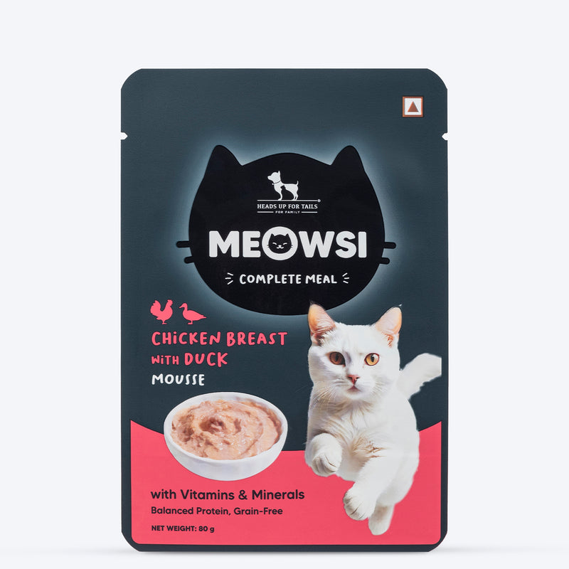 Meowsi by HUFT Chicken Breast with Duck Mousse Cat Wet Food, 80 gm, grain-free, with vitamins and minerals.