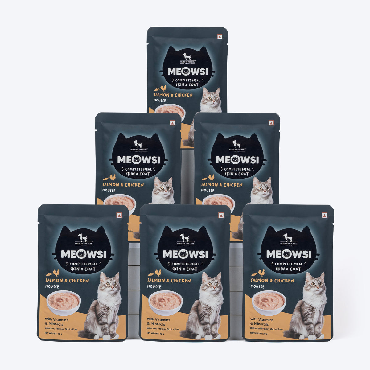Meowsi by HUFT Skin & Coat Salmon & Chicken Mousse Cat Wet Food, 70 gm, with vitamins and minerals, grain-free.