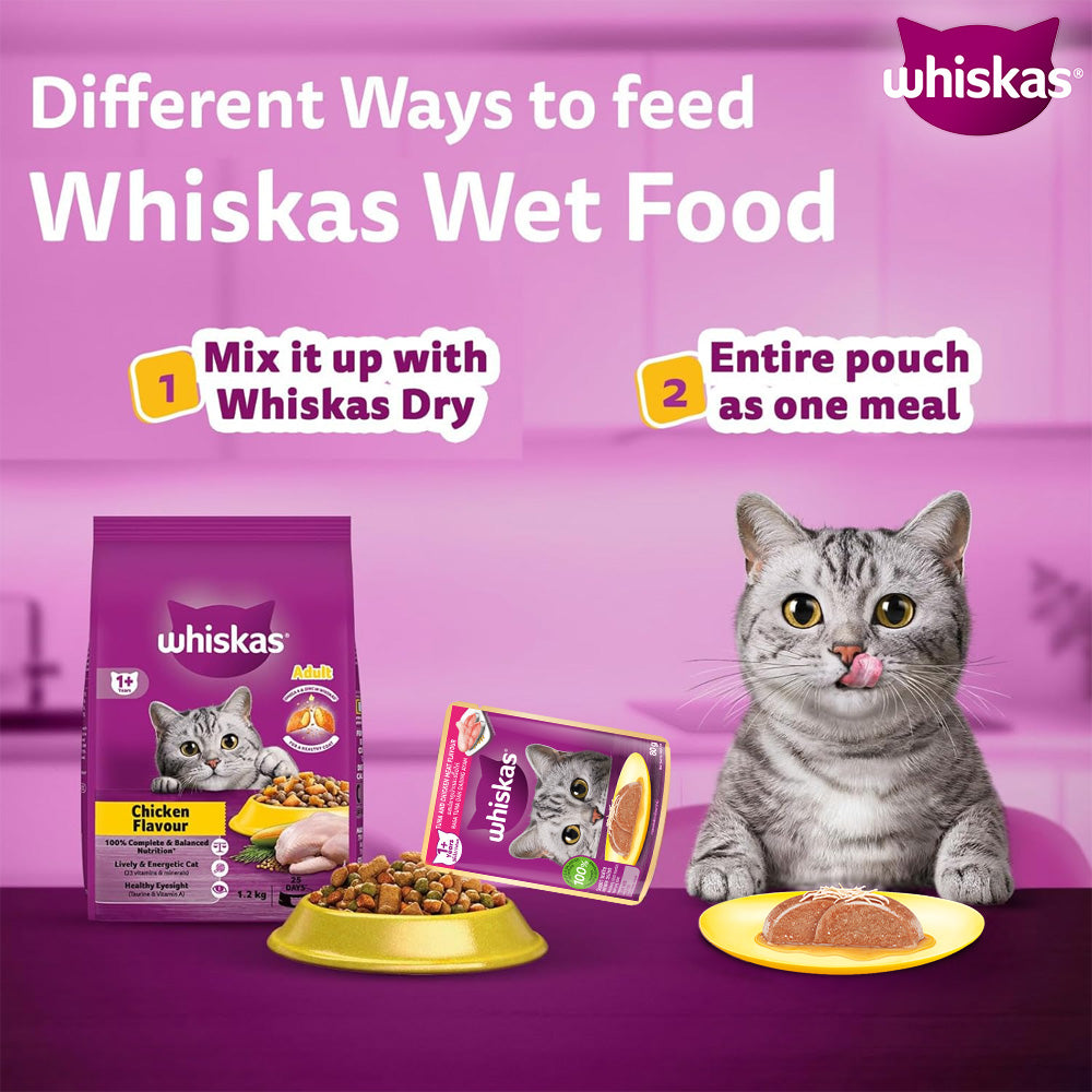 Whiskas Tuna and Chicken Meat in Jelly Flavour (1+ Years) Adult Cat Wet Food - 80 gm Pack