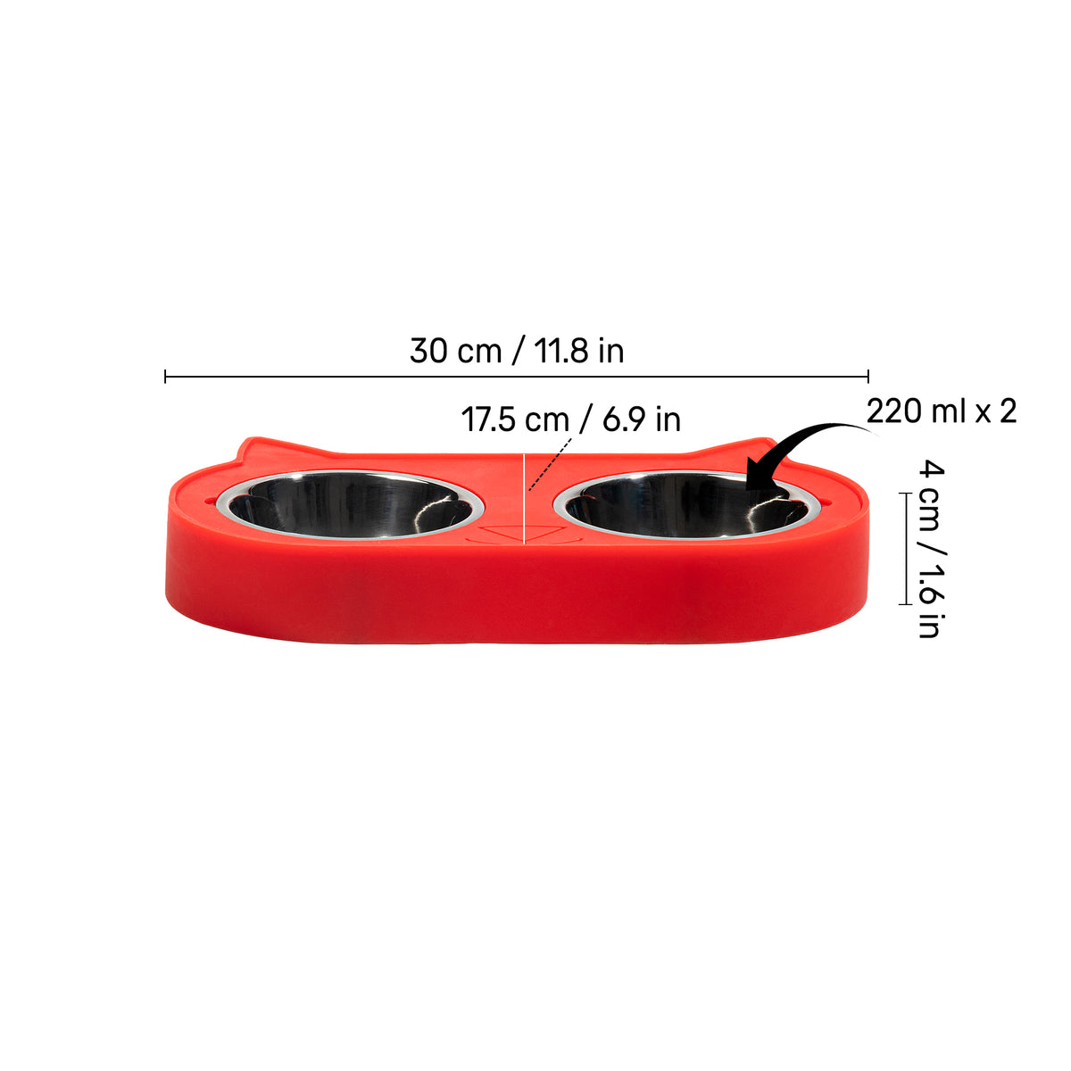 HUFT Cat Face Double Diner With Steel Bowls Inserts For Cat & Kitten - Red - Heads Up For Tails