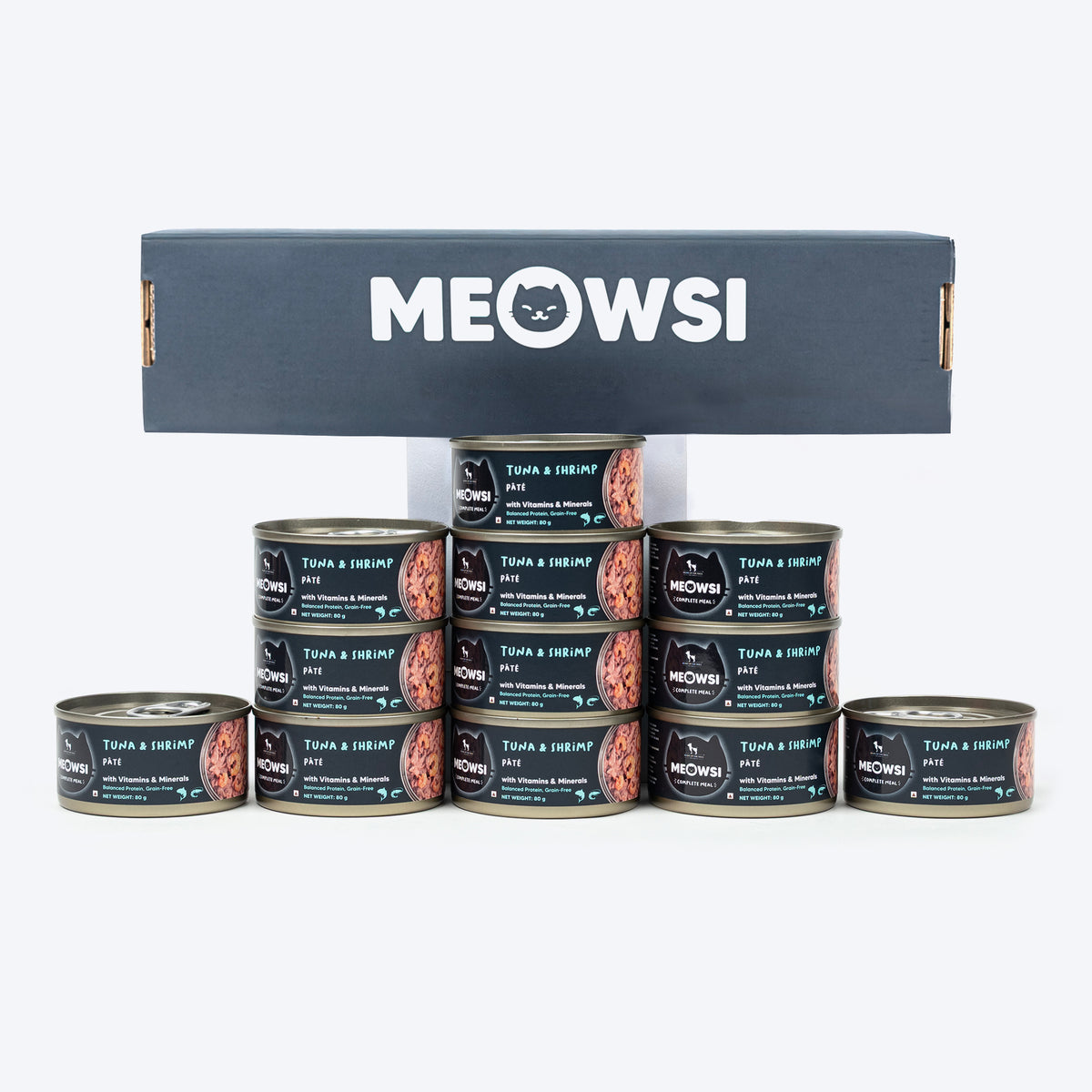 Meowsi by HUFT Tuna & Shrimp Pâté Canned Cat Wet Food, 80 gm, with vitamins and minerals, grain-free formula.
