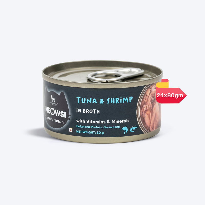 Meowsi by HUFT Tuna & Shrimp in Broth Canned Cat Wet Food, 80 gm, with vitamins and minerals, grain-free.