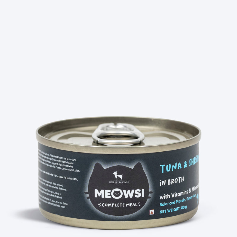 Meowsi by HUFT Tuna & Shrimp in Broth Canned Cat Wet Food, 80 gm, with vitamins and minerals, grain-free.