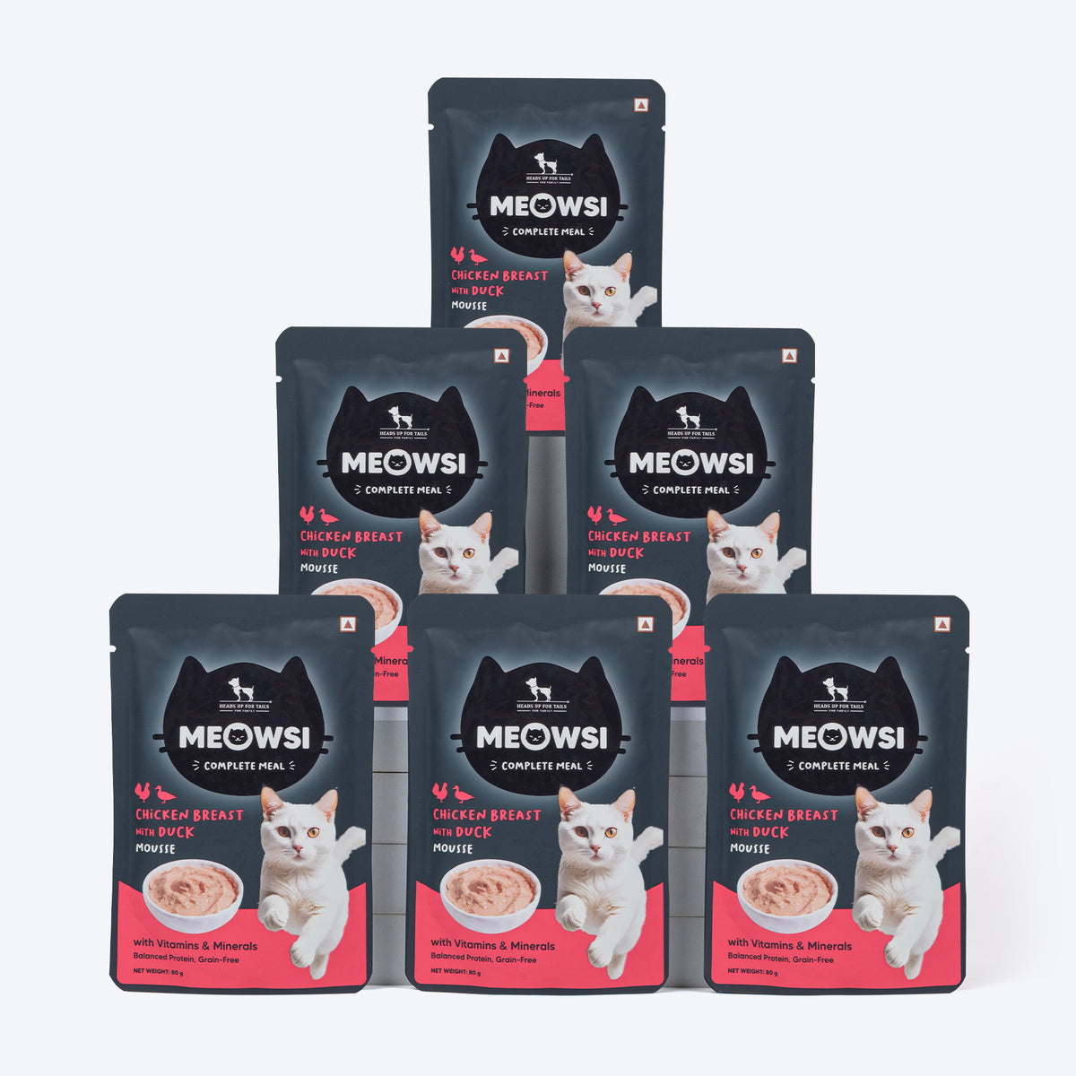 Meowsi by HUFT Chicken Breast with Duck Mousse Cat Wet Food, 80 gm, grain-free, with vitamins and minerals.