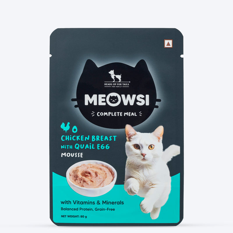 Meowsi by HUFT Chicken Breast with Quail Egg Mousse Cat Wet Food, 80 gm, grain-free, with vitamins and minerals.