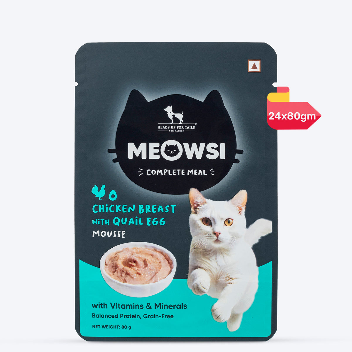 Meowsi by HUFT Chicken Breast with Quail Egg Mousse Cat Wet Food, 80 gm, grain-free, with vitamins and minerals.