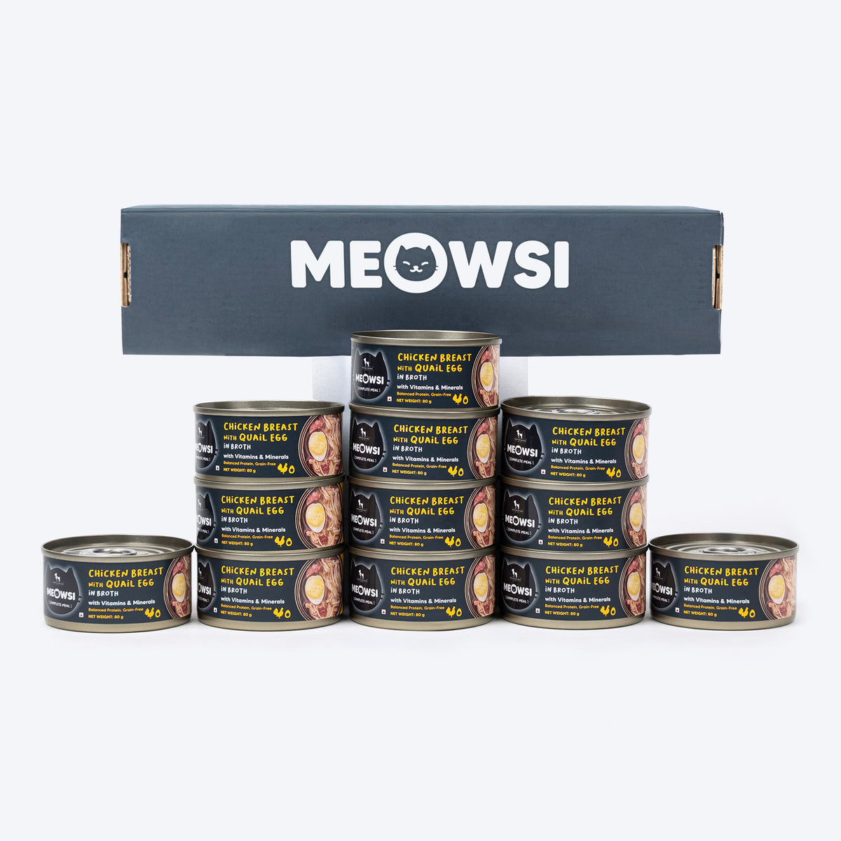 Meowsi by HUFT Chicken Breast with Quail Egg in Broth, 80 gm, grain-free, with vitamins and minerals.