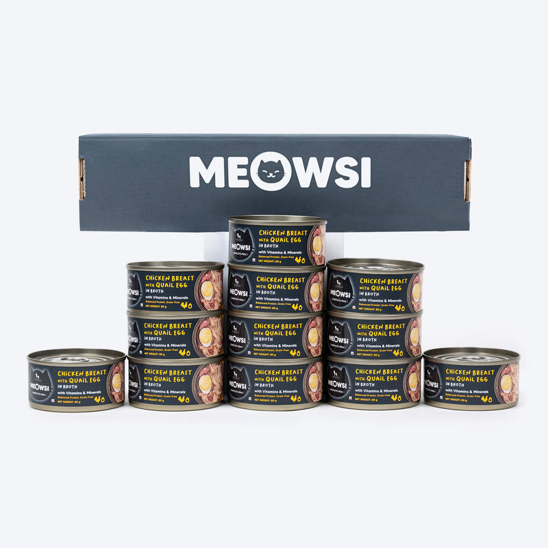 Meowsi by HUFT Chicken Breast with Quail Egg in Broth, 80 gm, grain-free, with vitamins and minerals.