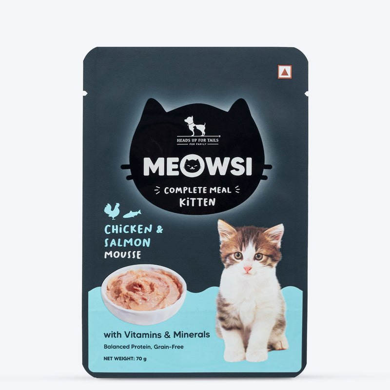 Meowsi by HUFT Chicken & Salmon Mousse Kitten Wet Food, 70 gm, complete meal with vitamins and minerals, grain-free.