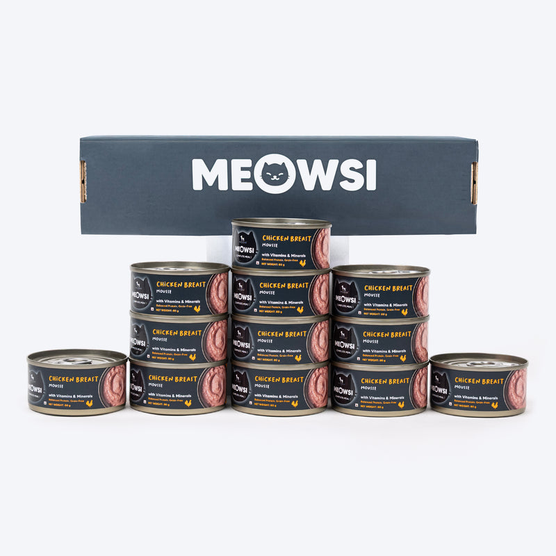 Meowsi by HUFT Chicken Breast Mousse Canned Cat Wet Food, 80 gm, with vitamins and minerals, grain-free formula.