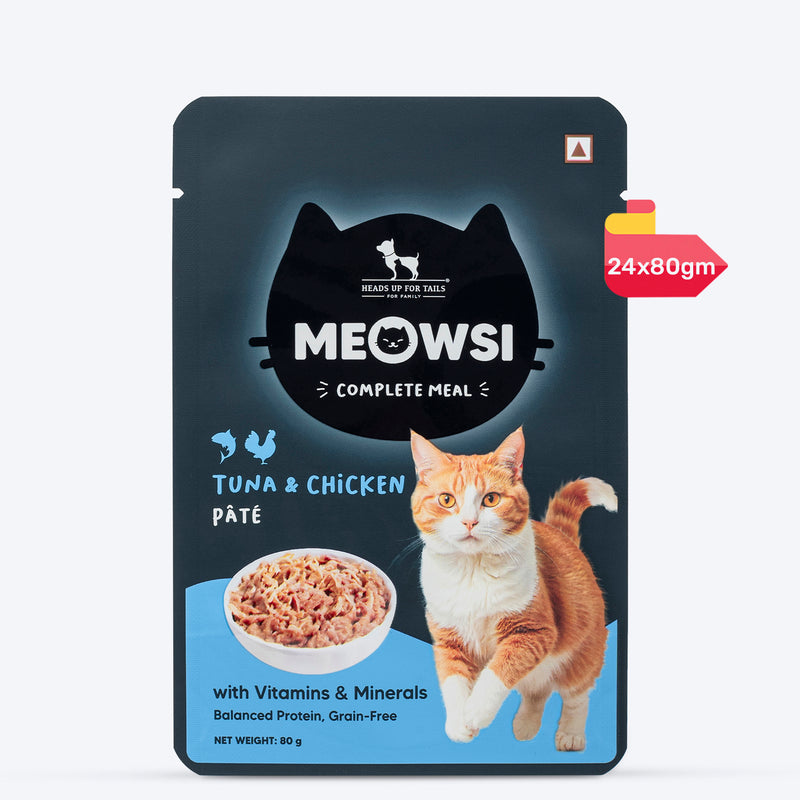 Meowsi by HUFT Tuna & Chicken Pâté Cat Wet Food, 80 gm, grain-free, with vitamins and minerals for balanced nutrition.