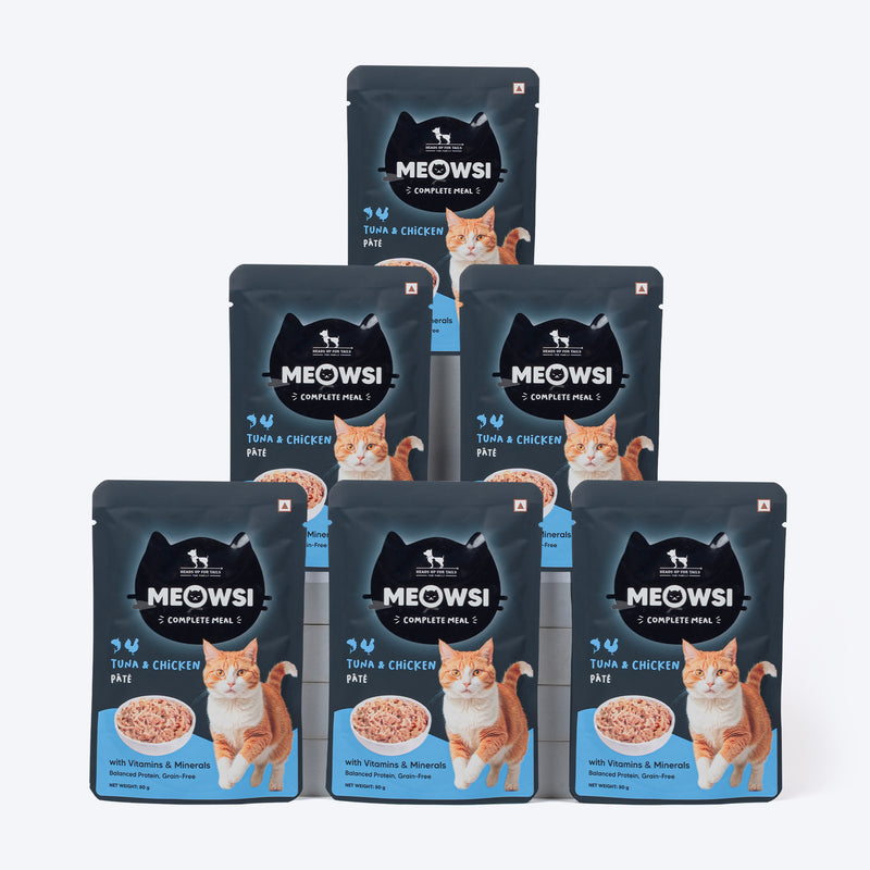 Meowsi by HUFT Tuna & Chicken Pâté Cat Wet Food, 80 gm, grain-free, with vitamins and minerals for balanced nutrition.